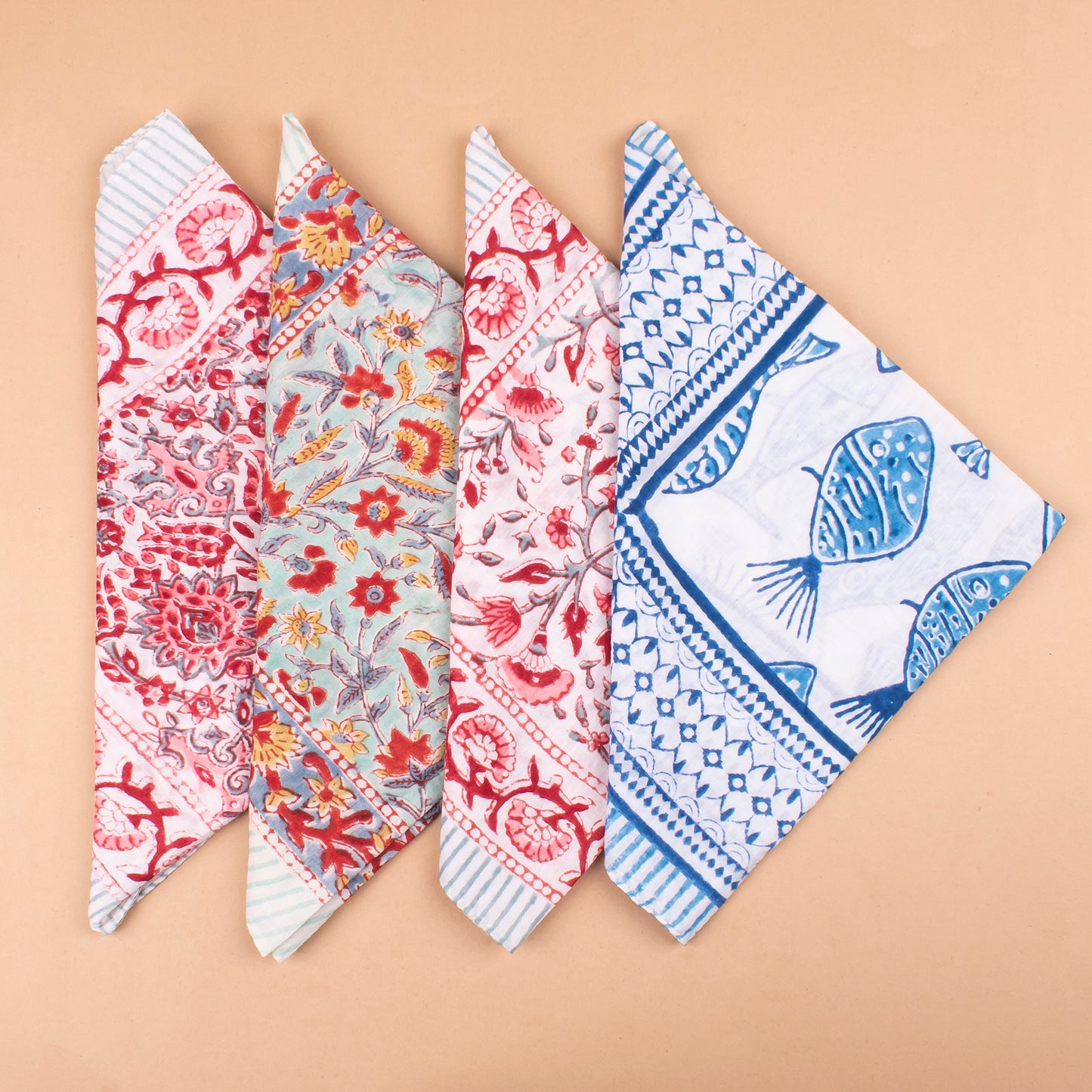 Set of 4 - Handprinted Boho Neck Scarf, Sustainable Head Wrap For Men & Women, Lightweight Design, Unisex Bohemian Cotton Bandana