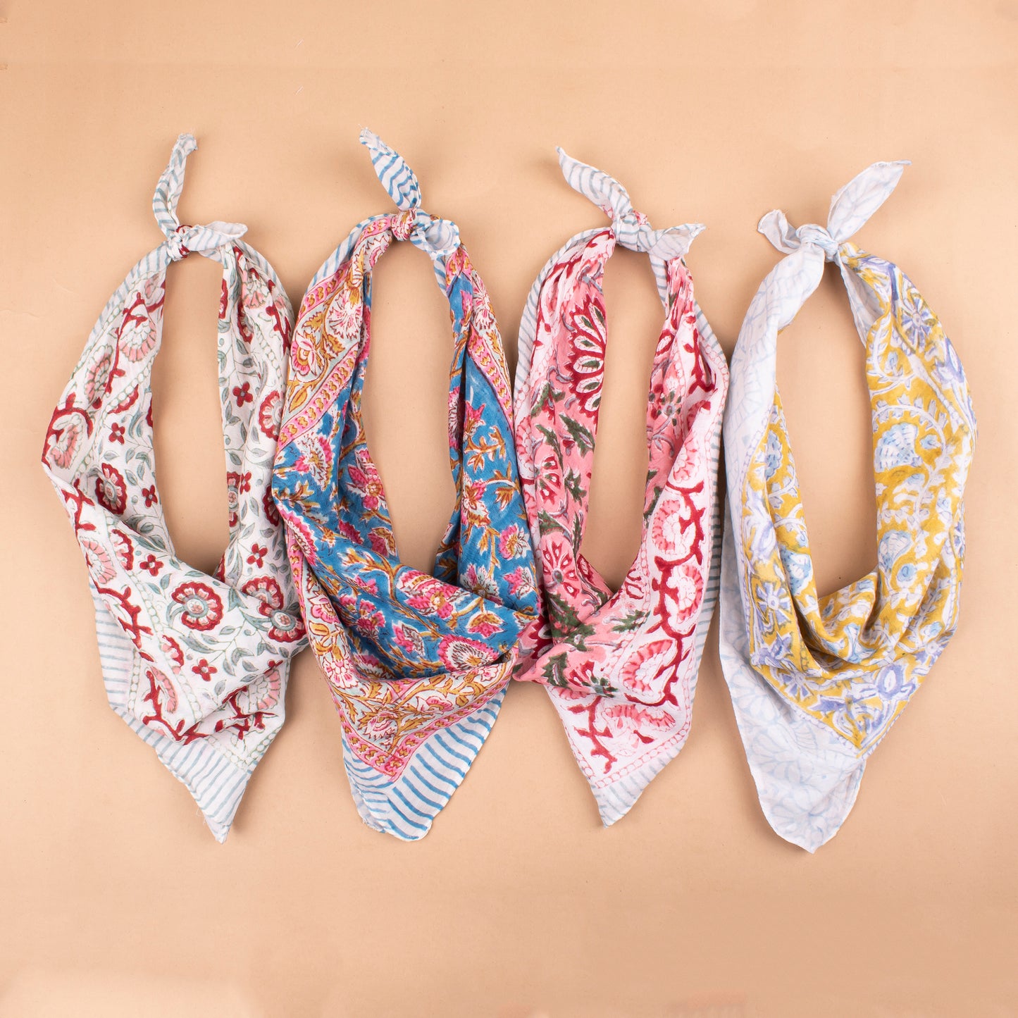 Set of 4 - Handblock Printed Scarf, Lightweight Hair Tie, Eco-Friendly Summer Accessory, Floral Block Print Cotton Bandana, Neck Or Wrist Tie