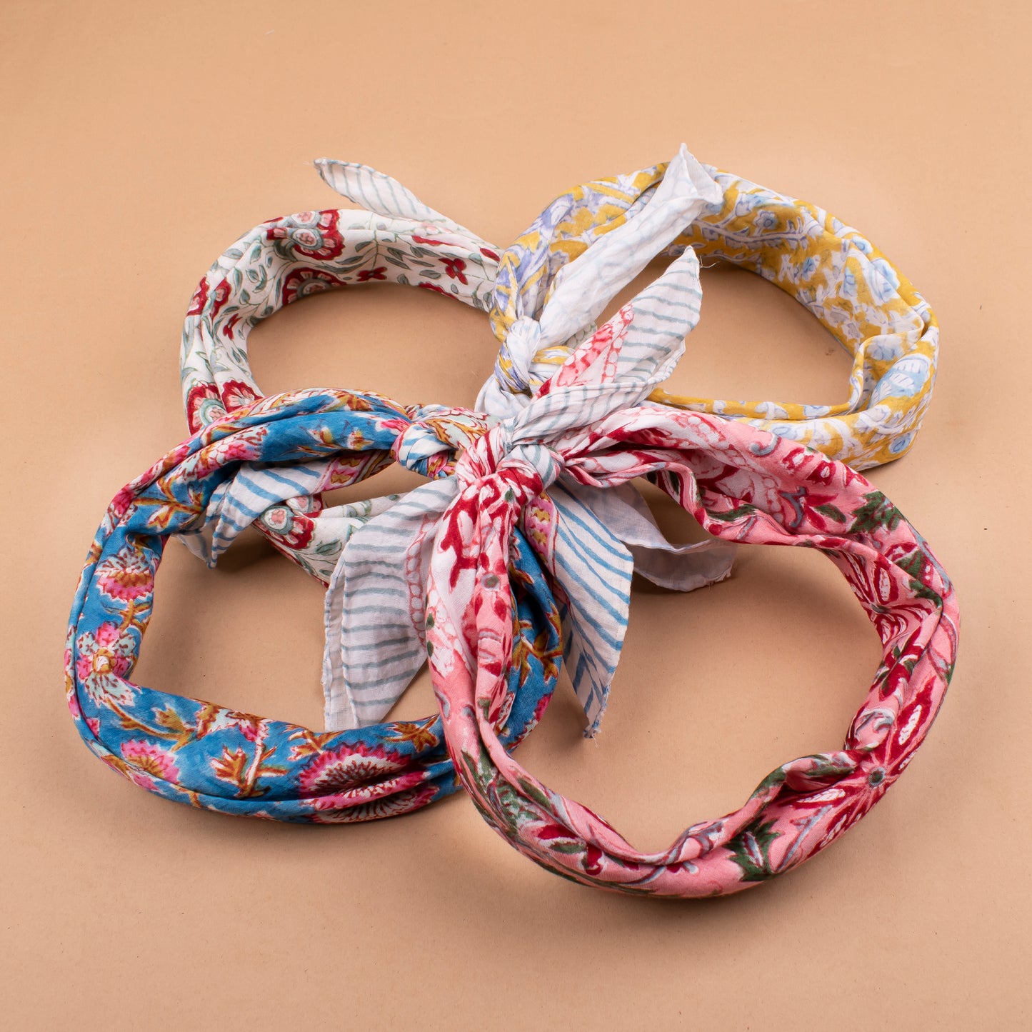 Set of 4 - Handblock Printed Scarf, Lightweight Hair Tie, Eco-Friendly Summer Accessory, Floral Block Print Cotton Bandana, Neck Or Wrist Tie