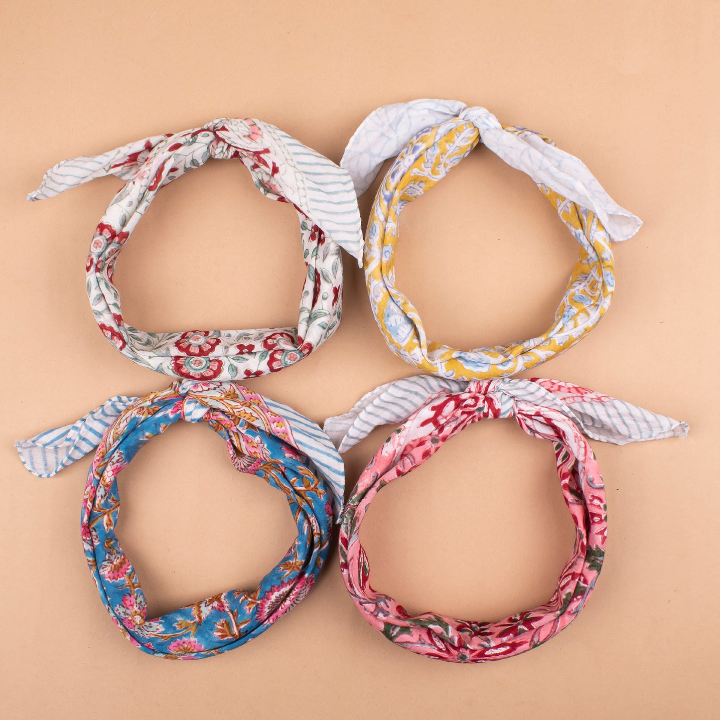 Set of 4 - Handblock Printed Scarf, Lightweight Hair Tie, Eco-Friendly Summer Accessory, Floral Block Print Cotton Bandana, Neck Or Wrist Tie