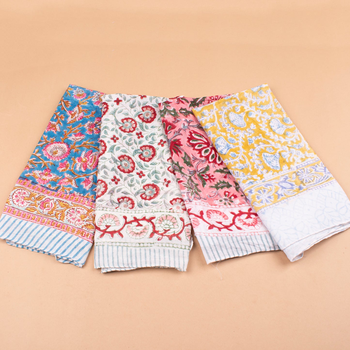 Set of 4 - Handblock Printed Scarf, Lightweight Hair Tie, Eco-Friendly Summer Accessory, Floral Block Print Cotton Bandana, Neck Or Wrist Tie