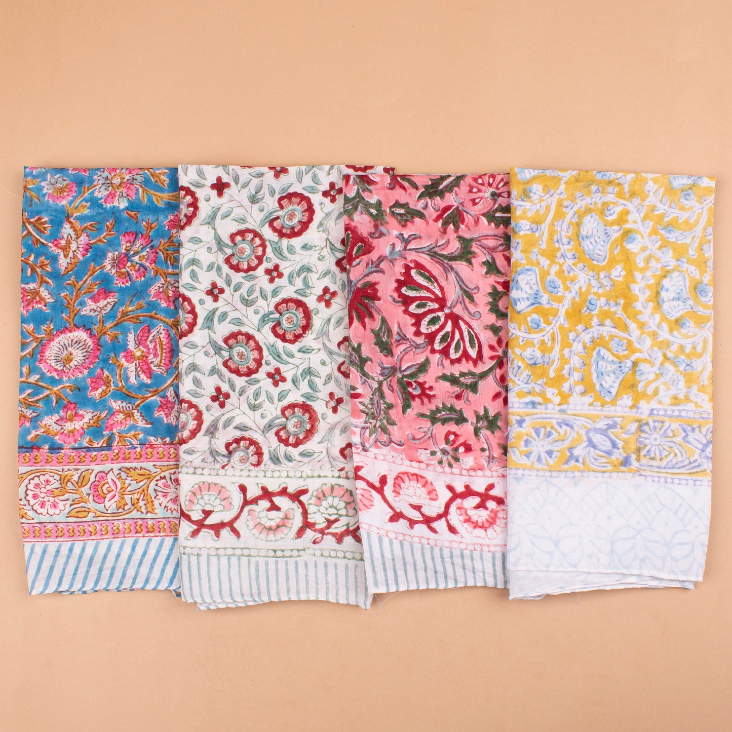 Set of 4 - Handblock Printed Scarf, Lightweight Hair Tie, Eco-Friendly Summer Accessory, Floral Block Print Cotton Bandana, Neck Or Wrist Tie
