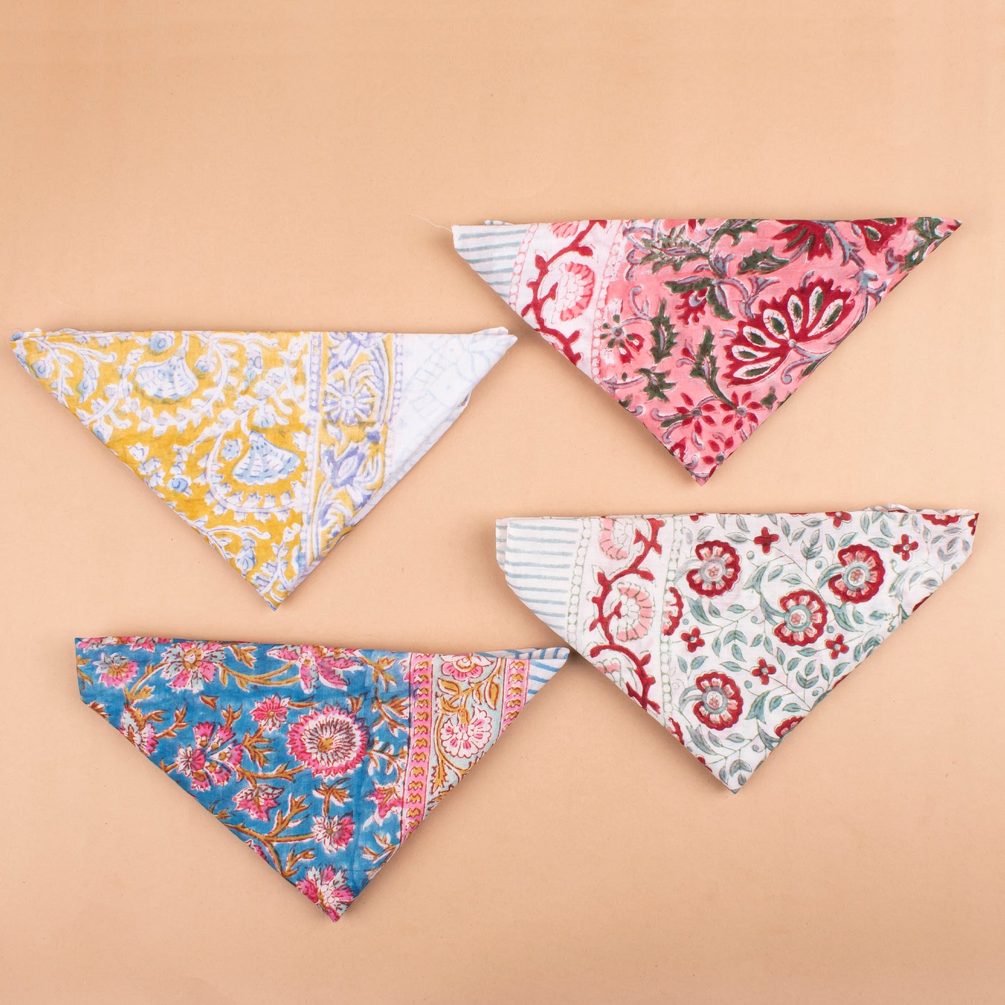 Set of 4 - Handblock Printed Scarf, Lightweight Hair Tie, Eco-Friendly Summer Accessory, Floral Block Print Cotton Bandana, Neck Or Wrist Tie