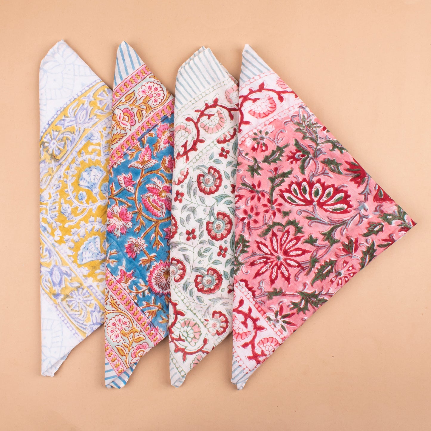Set of 4 - Handblock Printed Scarf, Lightweight Hair Tie, Eco-Friendly Summer Accessory, Floral Block Print Cotton Bandana, Neck Or Wrist Tie