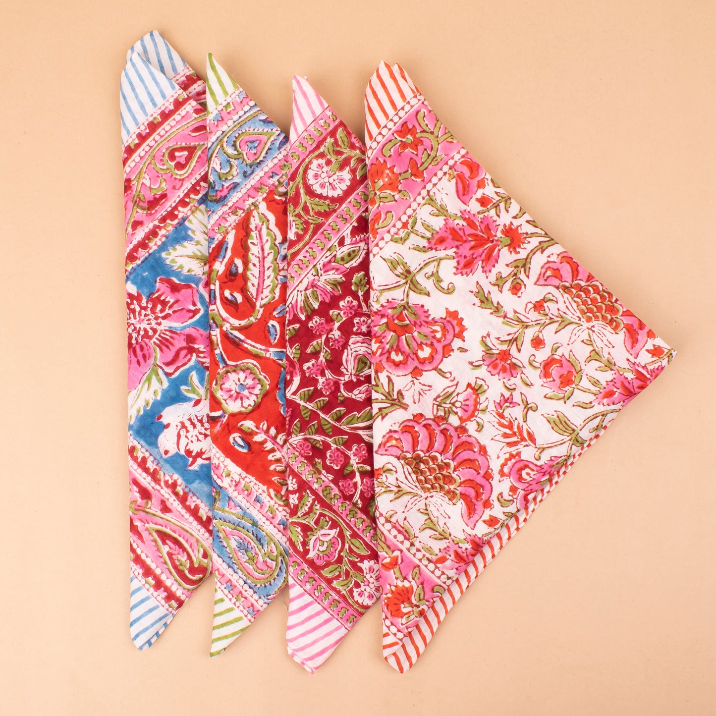 Set of 4 - Block Printed Bandanas For Women, Vintage Style Hair Scarf, Lightweight Neck Wrap Or Headband, Sustainable Gift Idea
