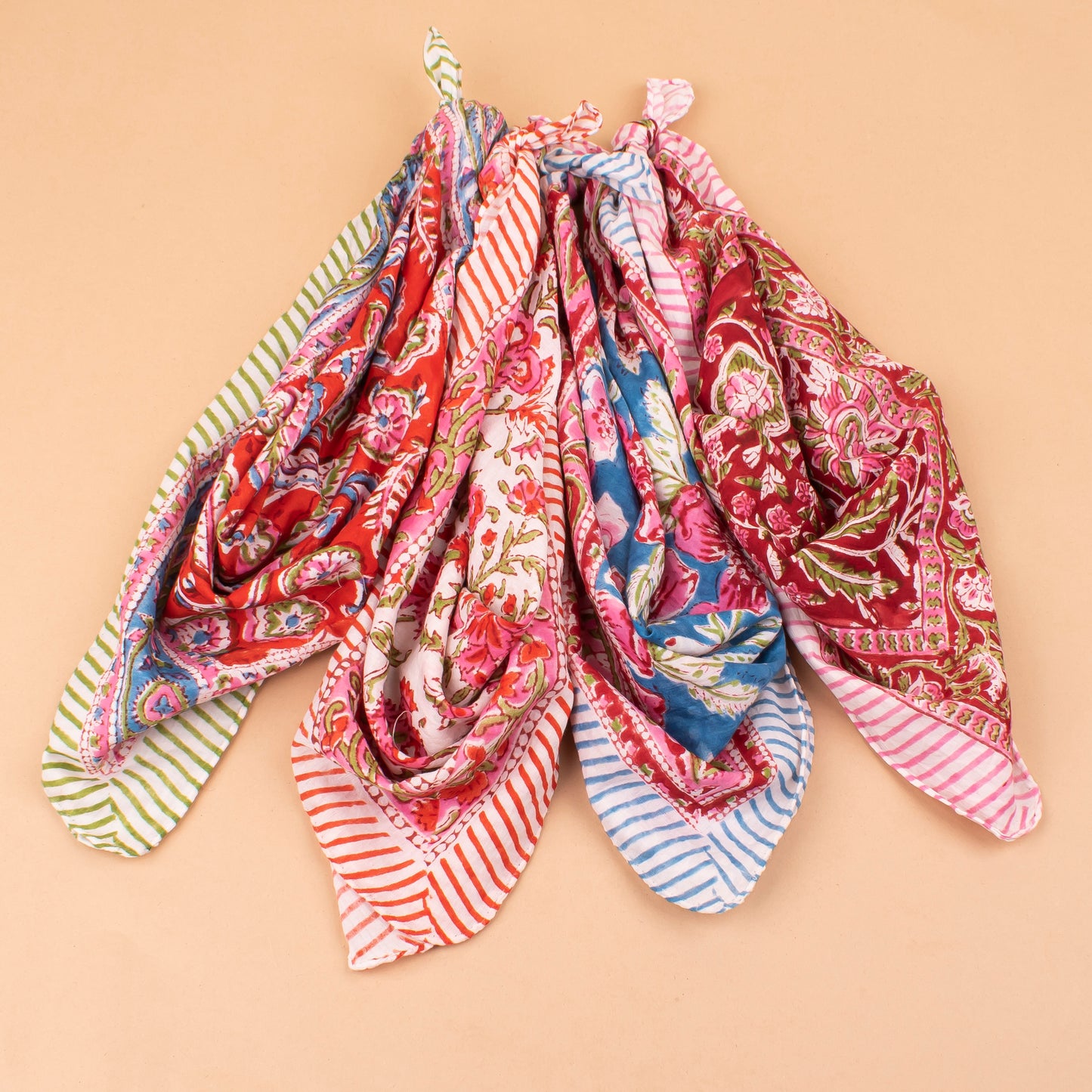 Set of 4 - Block Printed Bandanas For Women, Vintage Style Hair Scarf, Lightweight Neck Wrap Or Headband, Sustainable Gift Idea