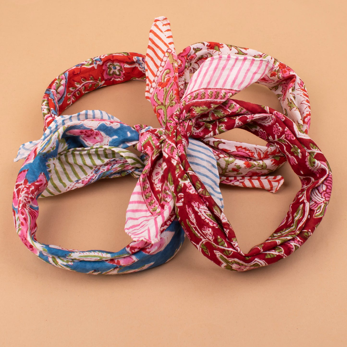 Set of 4 - Block Printed Bandanas For Women, Vintage Style Hair Scarf, Lightweight Neck Wrap Or Headband, Sustainable Gift Idea
