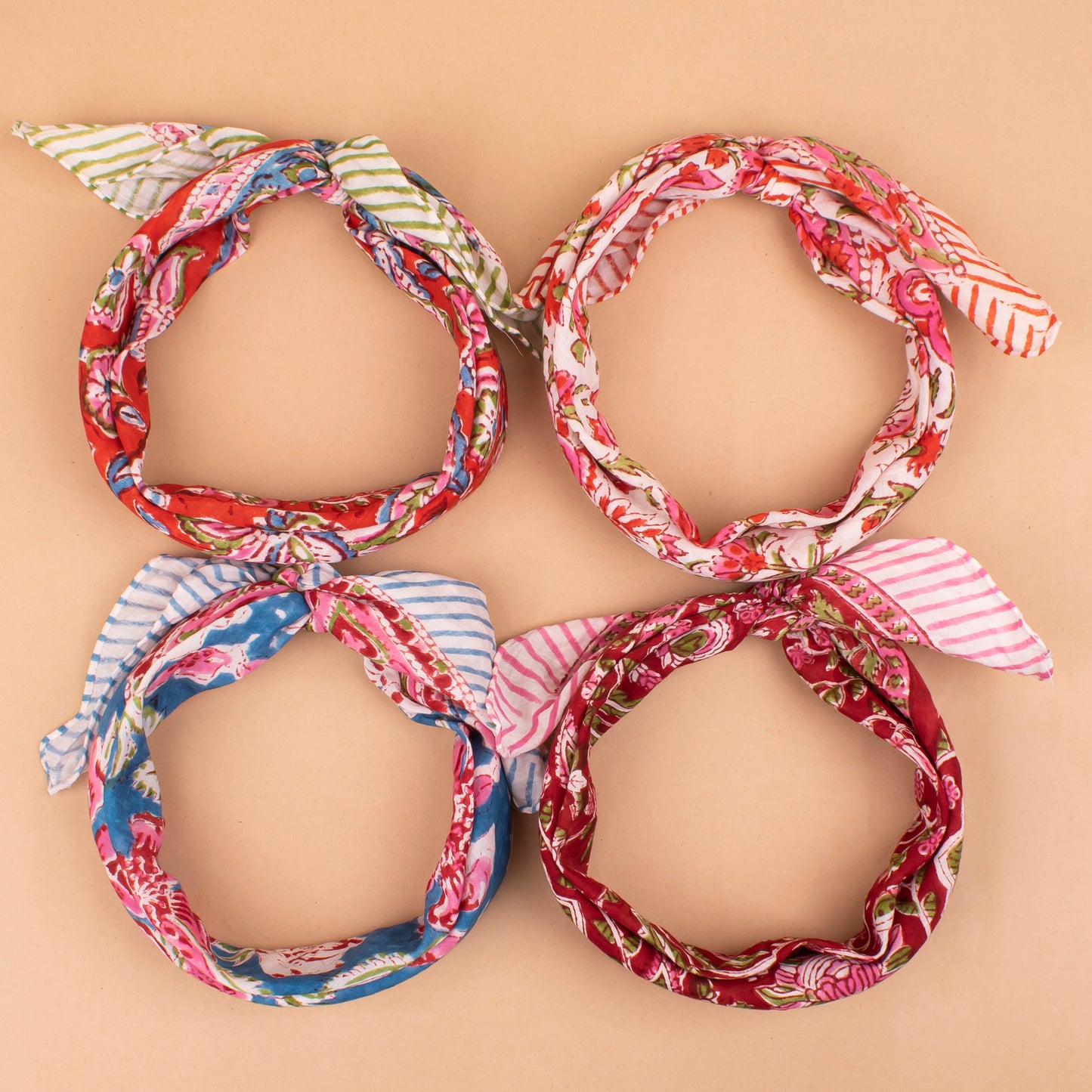 Set of 4 - Block Printed Bandanas For Women, Vintage Style Hair Scarf, Lightweight Neck Wrap Or Headband, Sustainable Gift Idea