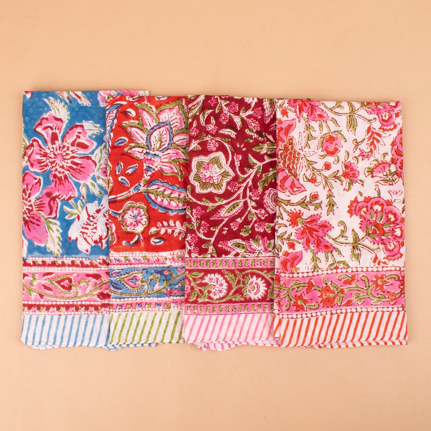 Set of 4 - Block Printed Bandanas For Women, Vintage Style Hair Scarf, Lightweight Neck Wrap Or Headband, Sustainable Gift Idea