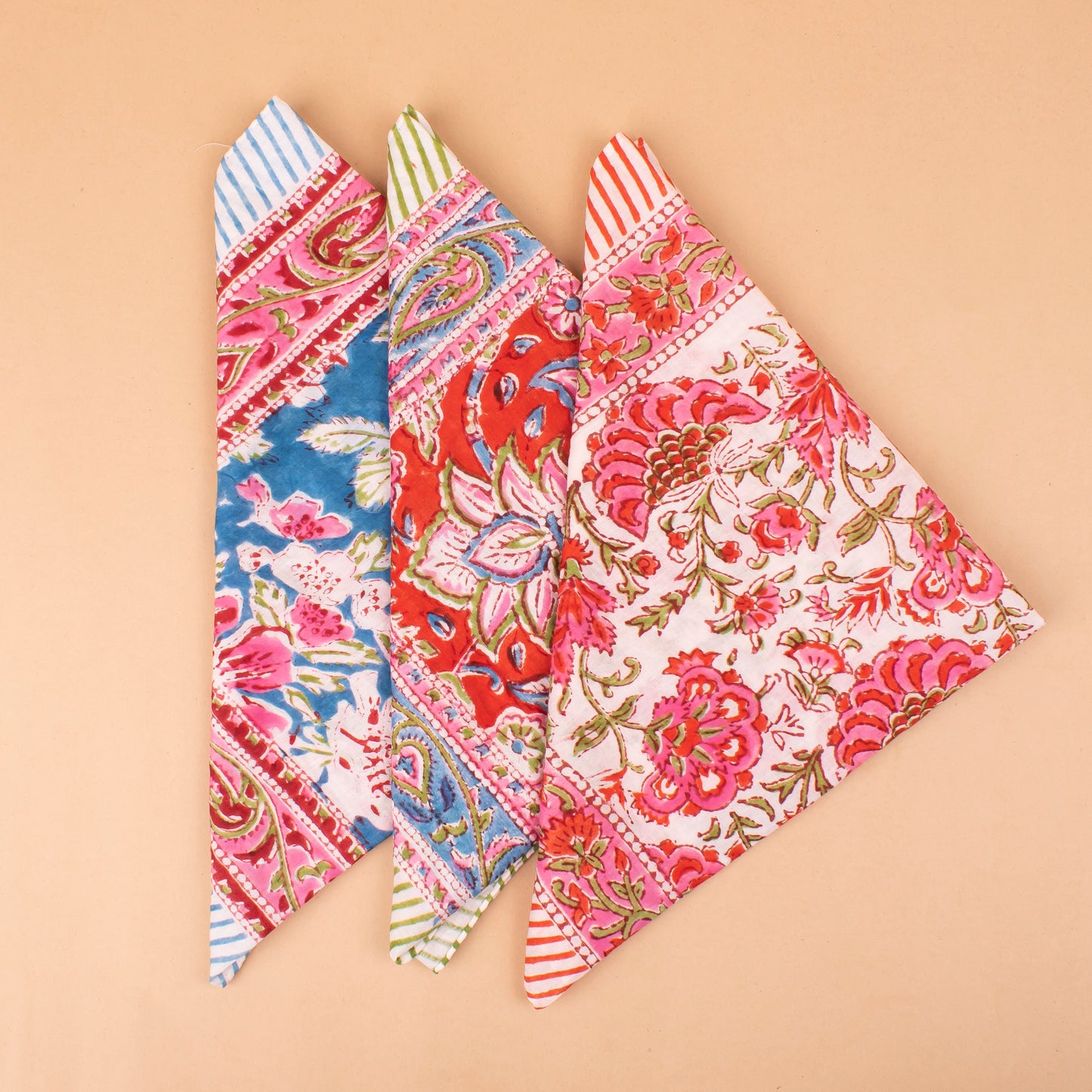 Set of 3 - Versatile Boho Cotton Bandanas For Bikers, Stylish Neck & Face Wraps, Handmade Block Printed Headwraps For Outdoors