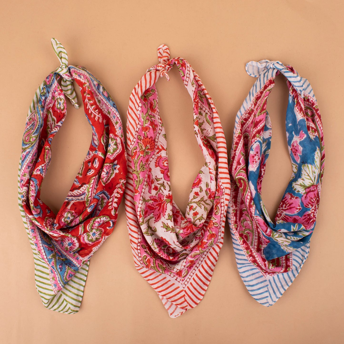 Set of 3 - Versatile Boho Cotton Bandanas For Bikers, Stylish Neck & Face Wraps, Handmade Block Printed Headwraps For Outdoors