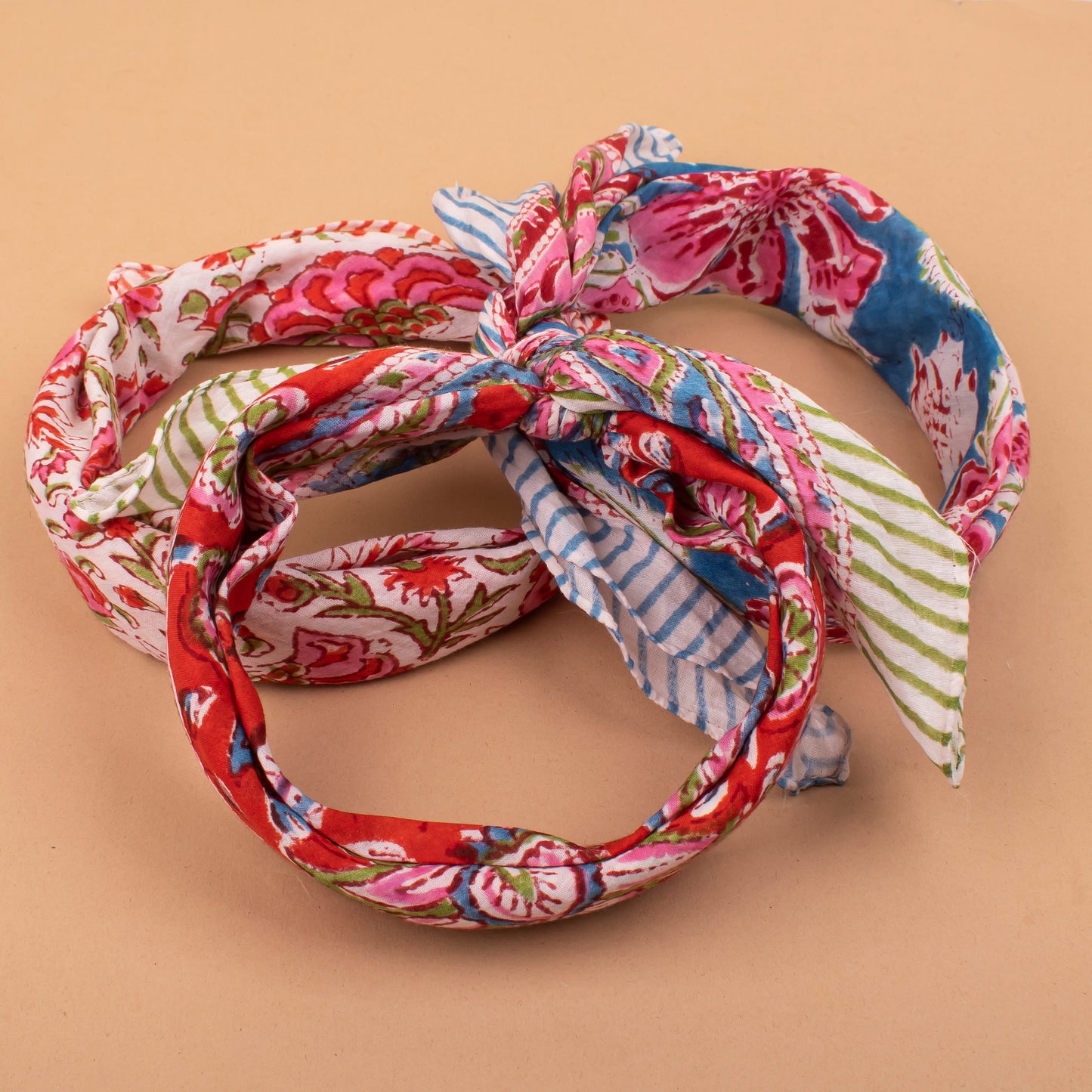 Set of 3 - Versatile Boho Cotton Bandanas For Bikers, Stylish Neck & Face Wraps, Handmade Block Printed Headwraps For Outdoors