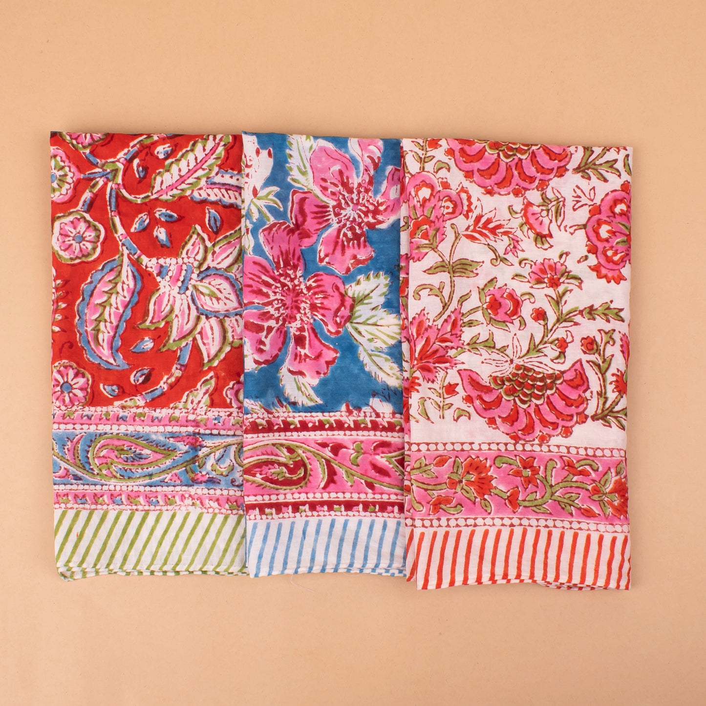 Set of 3 - Versatile Boho Cotton Bandanas For Bikers, Stylish Neck & Face Wraps, Handmade Block Printed Headwraps For Outdoors