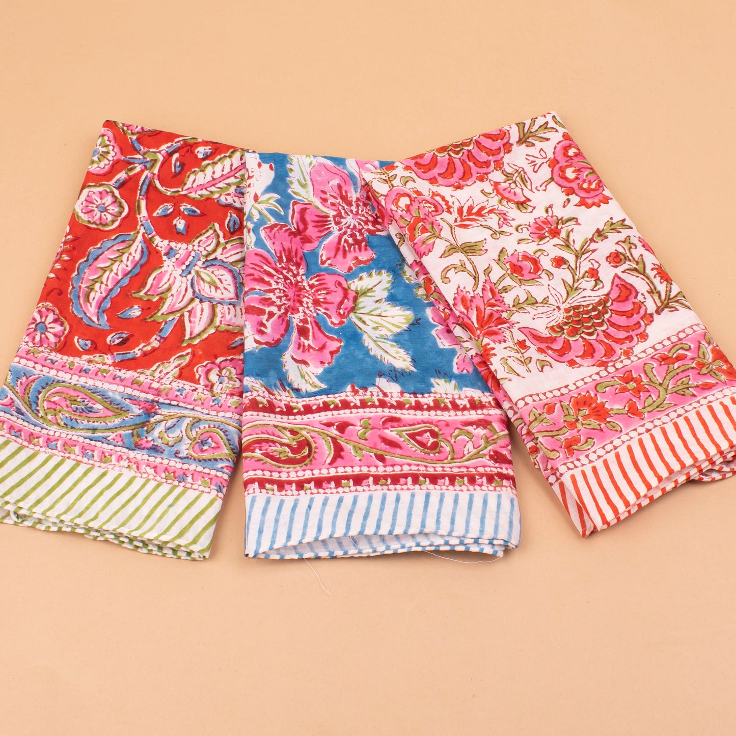 Set of 3 - Versatile Boho Cotton Bandanas For Bikers, Stylish Neck & Face Wraps, Handmade Block Printed Headwraps For Outdoors