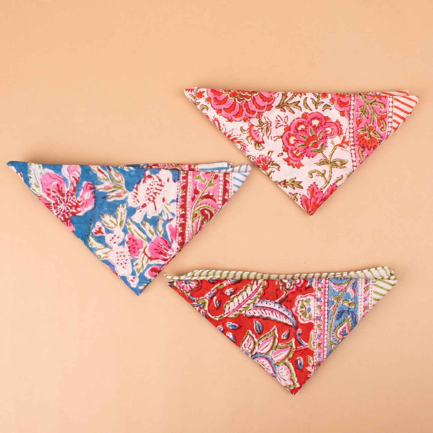 Set of 3 - Versatile Boho Cotton Bandanas For Bikers, Stylish Neck & Face Wraps, Handmade Block Printed Headwraps For Outdoors