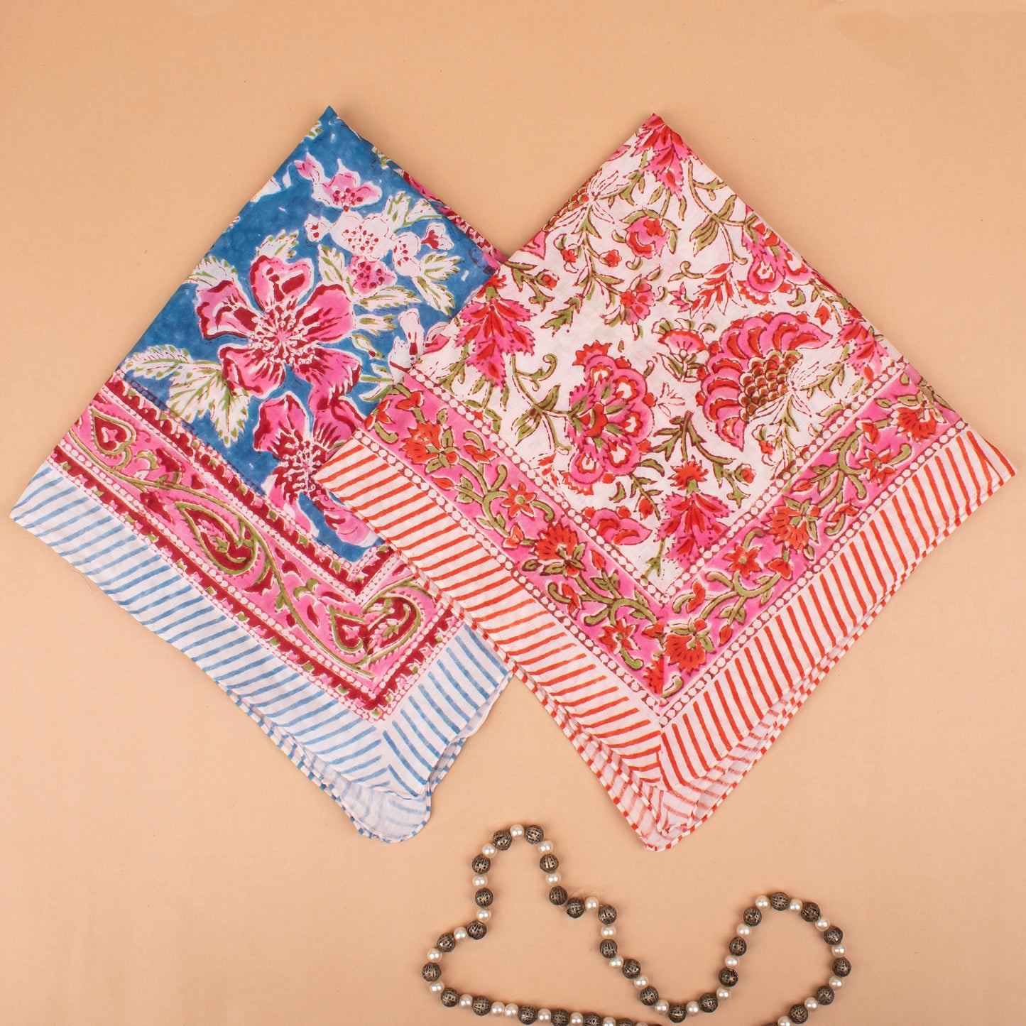 Set of 2 - Floral Print Cotton Bandanas, Lightweight Summer Neck Scarf Or Hair Accessory, Eco-Friendly Wrap Accessory For Him Or Her
