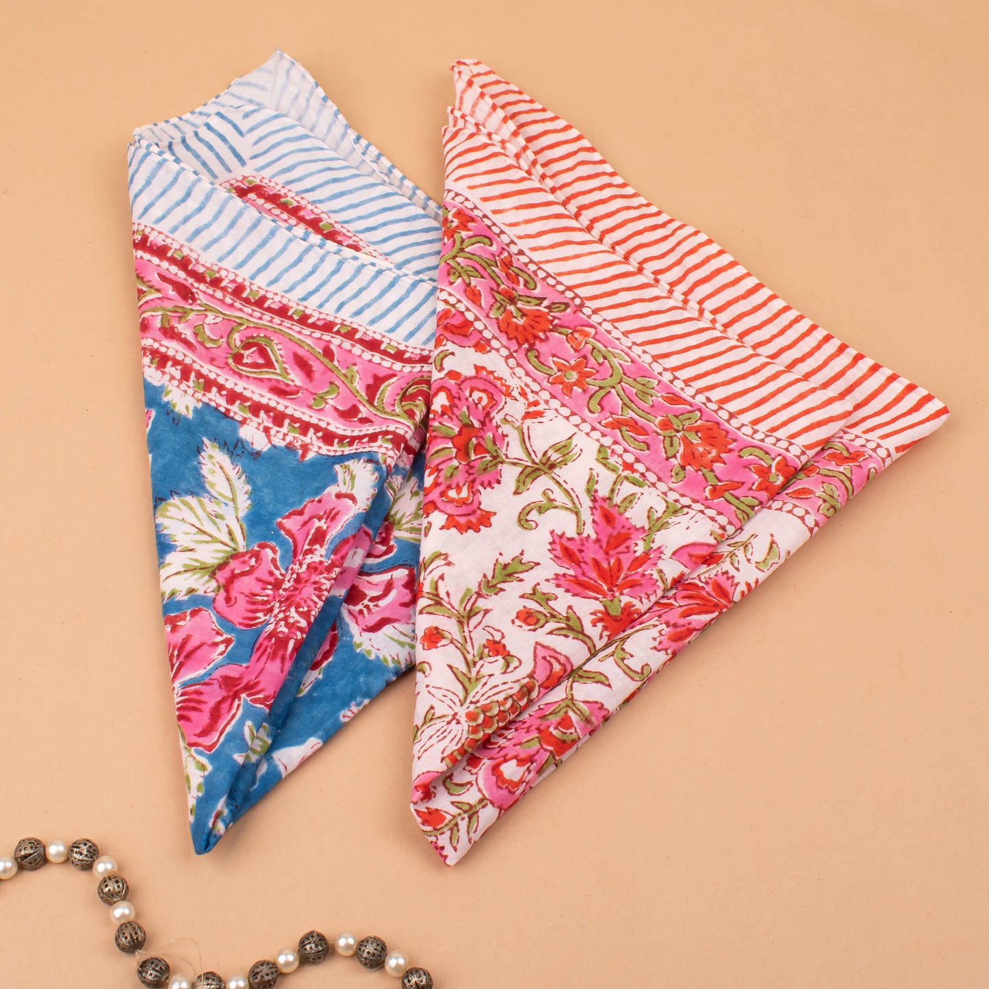 Set of 2 - Floral Print Cotton Bandanas, Lightweight Summer Neck Scarf Or Hair Accessory, Eco-Friendly Wrap Accessory For Him Or Her