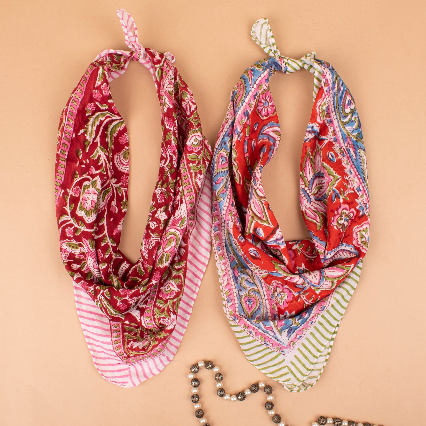Set of 2 - Handcrafted Cotton Bandanas, Cotton Neck & Head Wraps, Bohemian Block Print, Comfortable & Stylish Summer Accessory