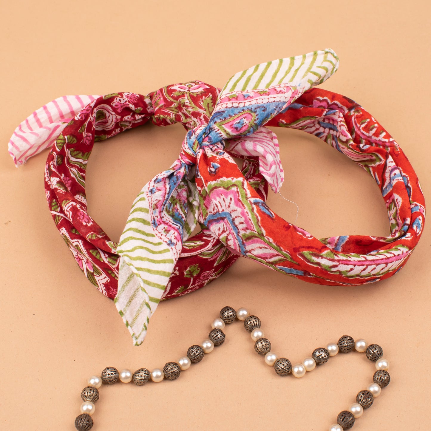 Set of 2 - Handcrafted Cotton Bandanas, Cotton Neck & Head Wraps, Bohemian Block Print, Comfortable & Stylish Summer Accessory