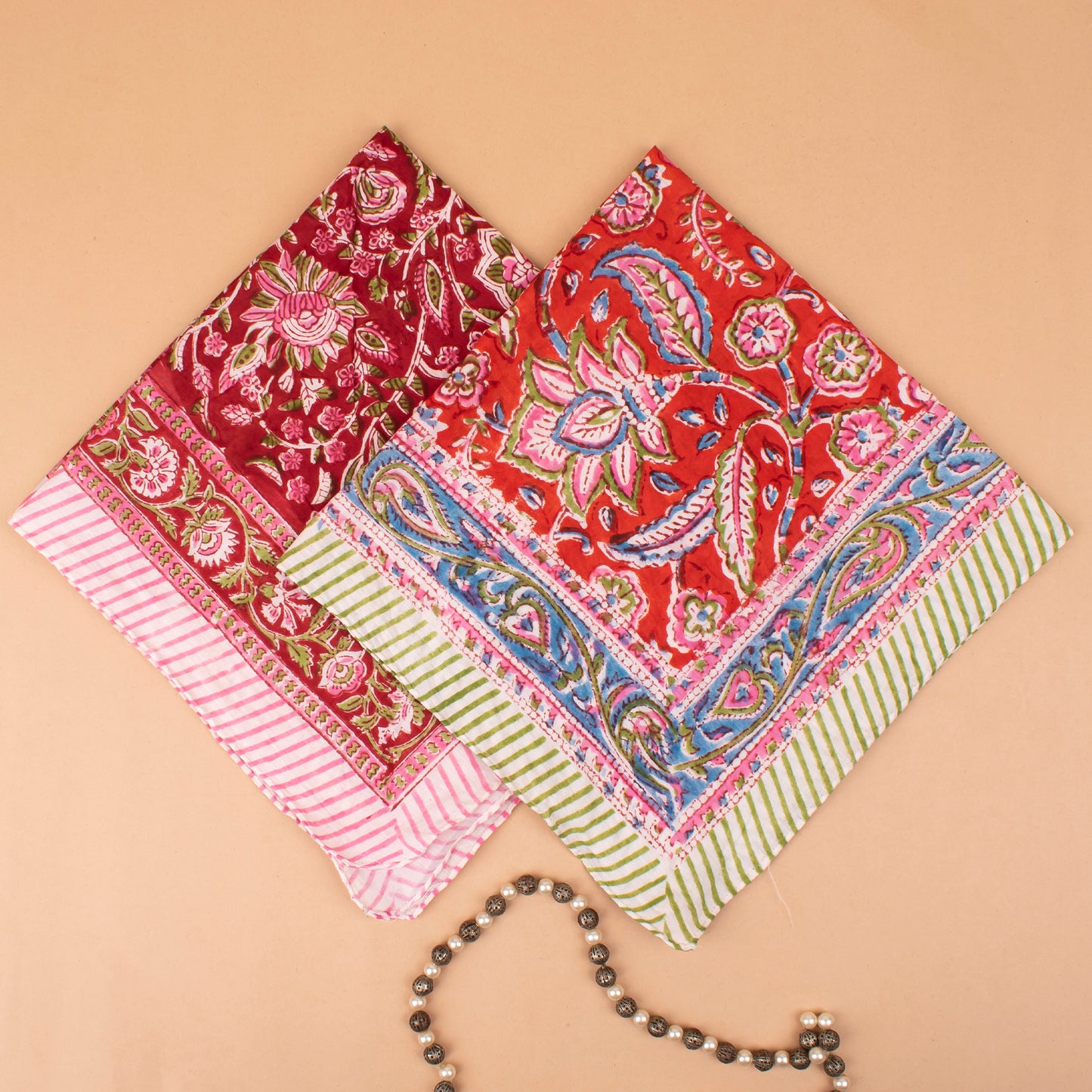 Set of 2 - Handcrafted Cotton Bandanas, Cotton Neck & Head Wraps, Bohemian Block Print, Comfortable & Stylish Summer Accessory