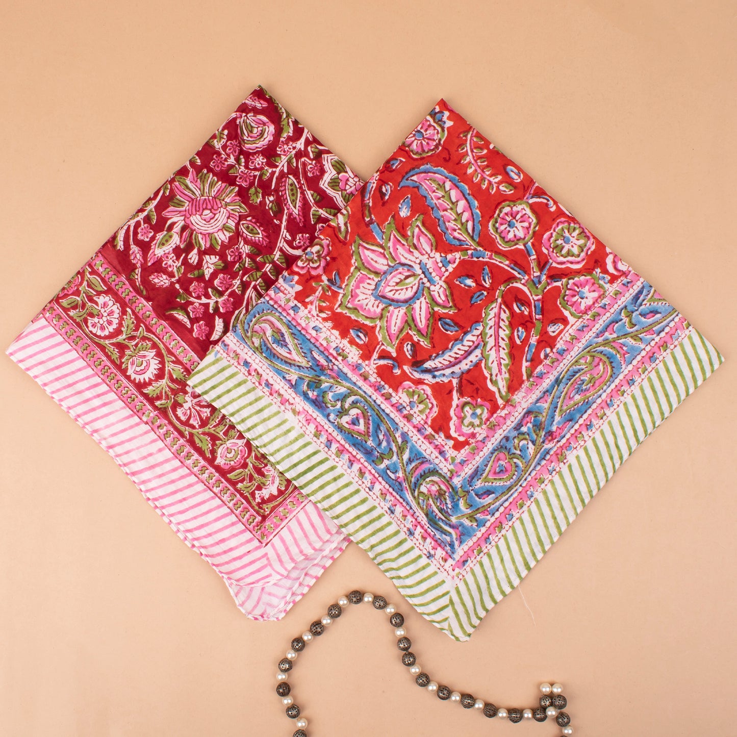 Set of 2 - Handcrafted Cotton Bandanas, Cotton Neck & Head Wraps, Bohemian Block Print, Comfortable & Stylish Summer Accessory