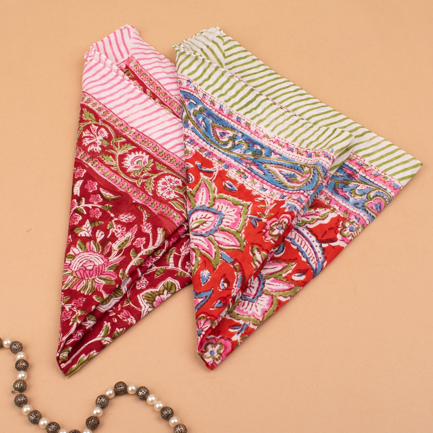 Set of 2 - Handcrafted Cotton Bandanas, Cotton Neck & Head Wraps, Bohemian Block Print, Comfortable & Stylish Summer Accessory