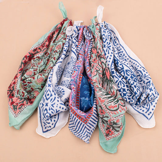 Set of 5 - 100% Cotton Unisex Bandanas, Eco-Friendly Boho Neck Or Head Tie, Handblock Boho Print Accessory, Unisex Head Wrap