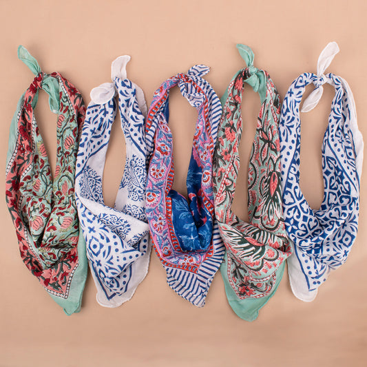 Set of 5 - 100% Cotton Unisex Bandanas, Eco-Friendly Boho Neck Or Head Tie, Handblock Boho Print Accessory, Unisex Head Wrap