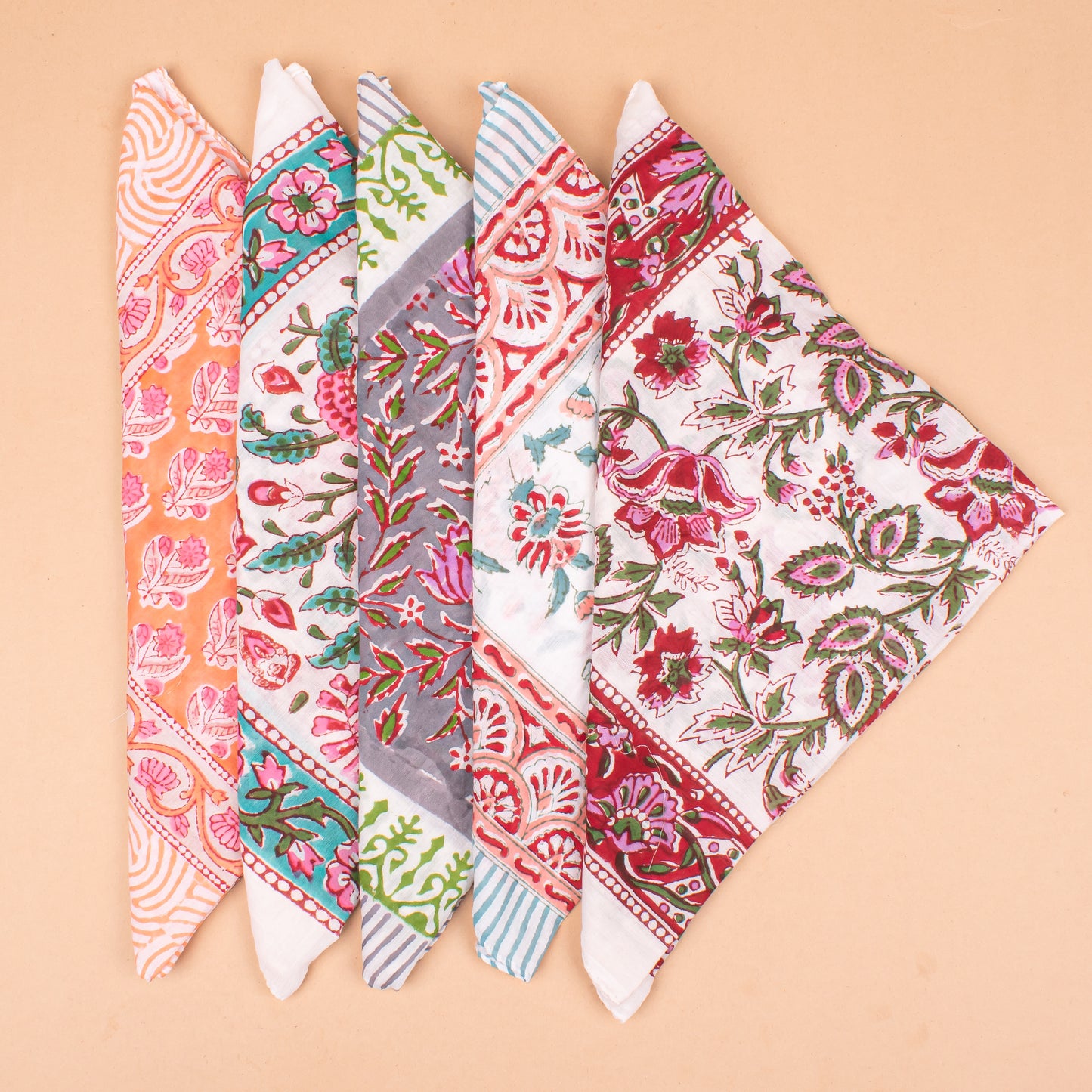 Set of 5 - Boho Style Paisley Bandana, Handmade Organic Cotton Wrap For Hair Or Neck, Lightweight And Reusable Summer Gift For Women And Men