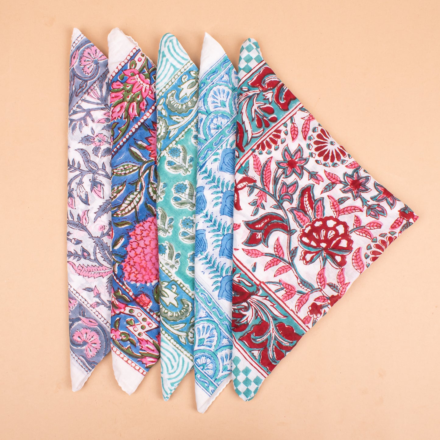 Set of 5 - Soft Organic Cotton Bandana Scarf, Hand Block Paisley Print, Unisex Wrap For Summer Hair Or Neck Styling, Eco Gift For Him Or Her, Pet Accessory