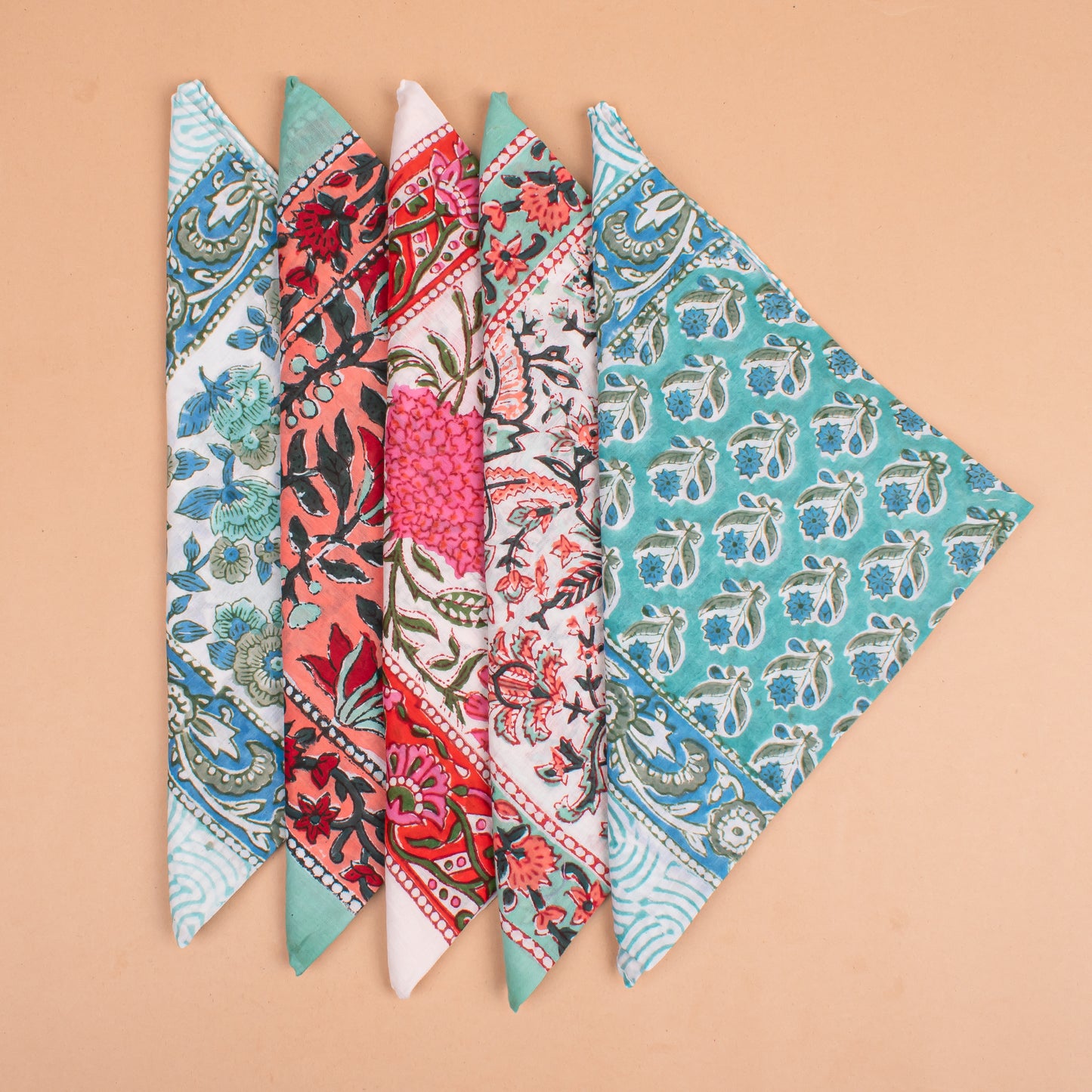 Set of 5 - Hand Block Printed Cotton Bandana, Boho Gift For Men & Women, Floral Paisley Scarf, Organic Neck Or Hair Wrap, Sustainable Accessory