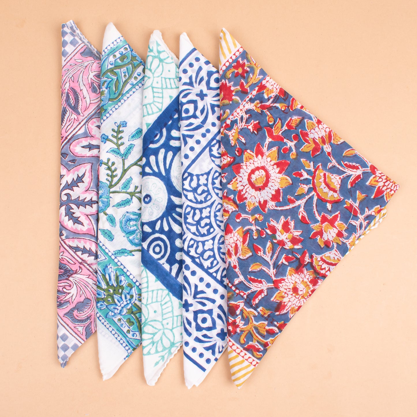 Set of 5 - Boho Block Printed Cotton Bandana, Paisley Design Scarf, Handmade Organic Hair Or Neck Wrap, Lightweight Unisex Fashion Accessory