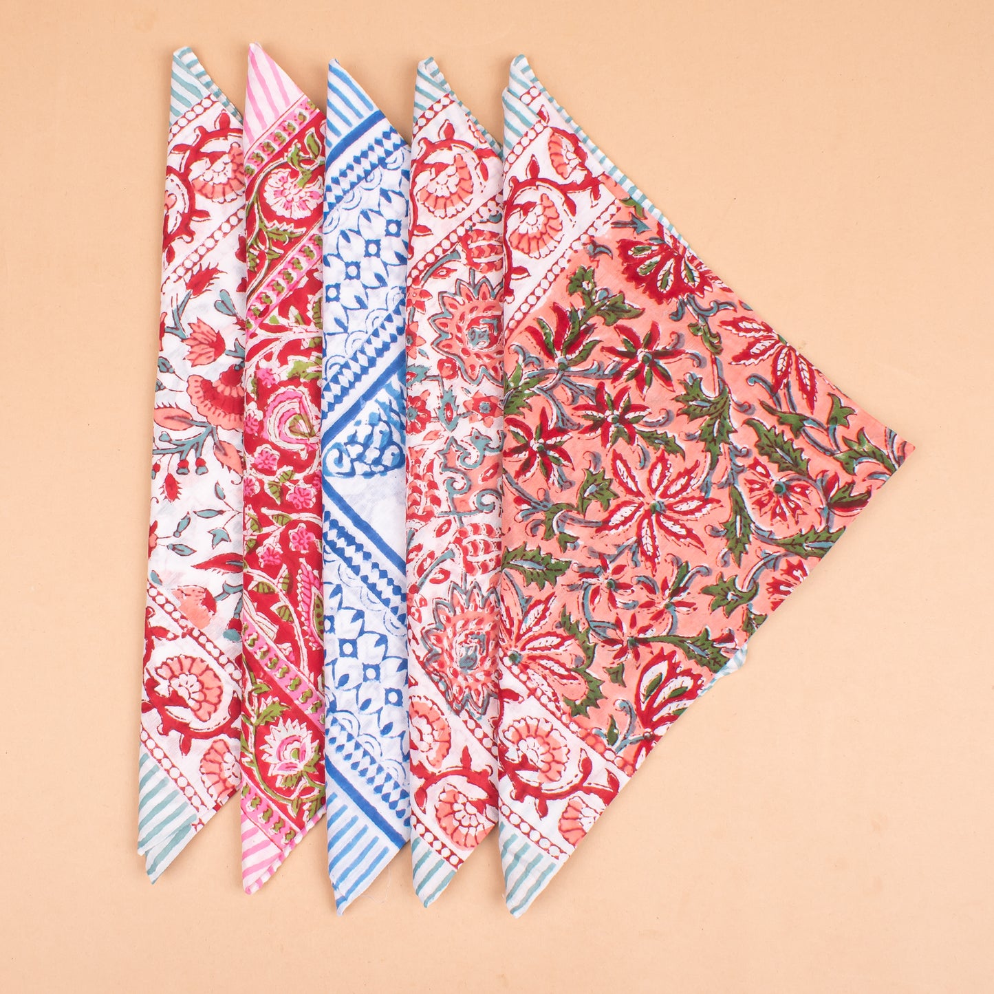 Set of 5 - Handmade Bohemian Cotton Bandana, Sustainable Gift For All, Block Printed Scarf, Organic Hair Or Neck Wrap, Lightweight Unisex Accessory