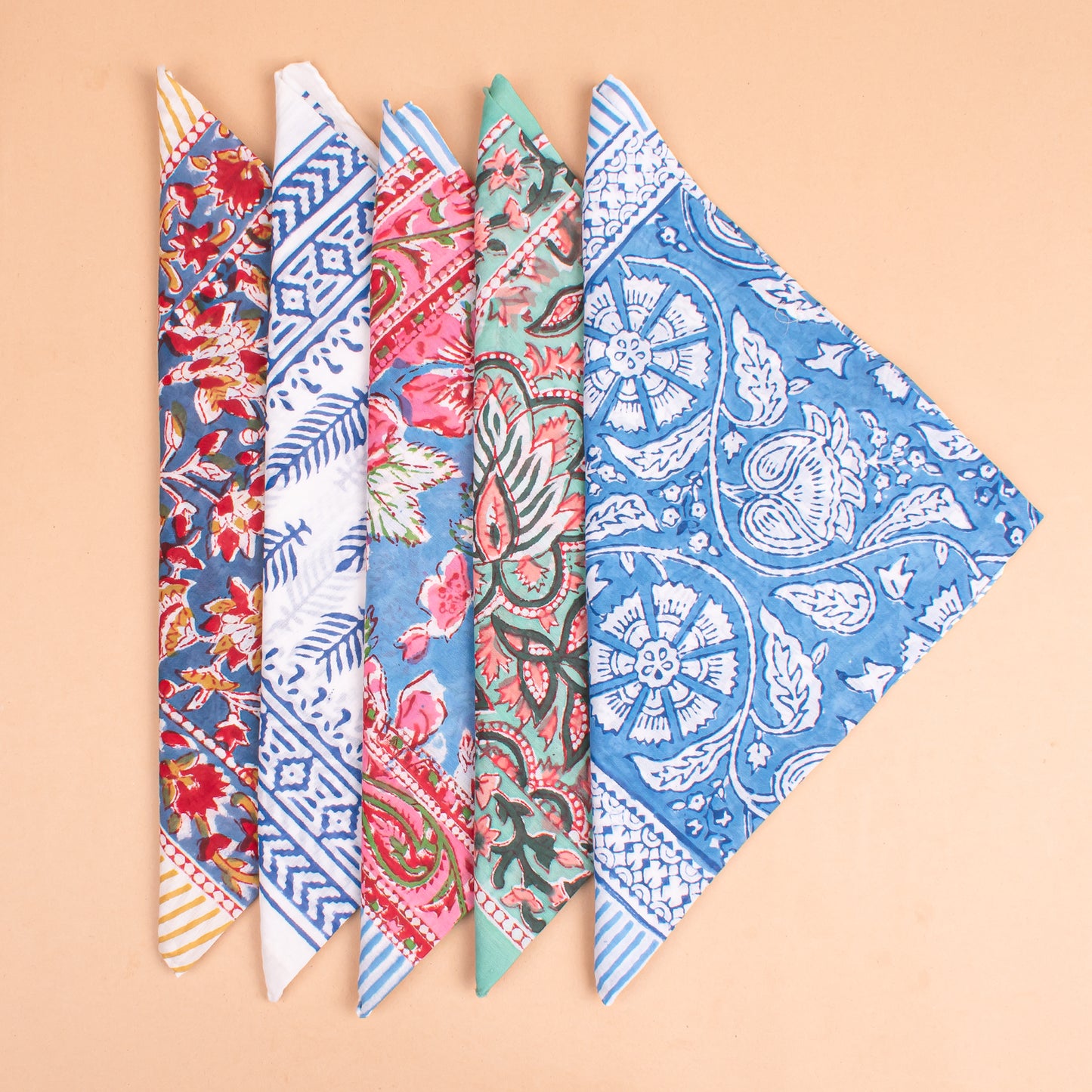 Set of 5 - Floral Block Print Cotton Bandana, Organic Lightweight Neck Or Hair Wrap, Handmade Paisley Scarf, Boho Unisex Fashion Gift For Him Or Her