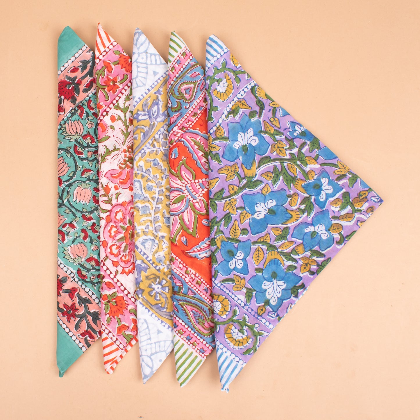 Set of 5 - Colorful Cotton Bandana, Handmade Block Printed Organic Scarf, Lightweight Hair Or Neck Wrap, Bohemian Unisex Accessory, Sustainable Gift