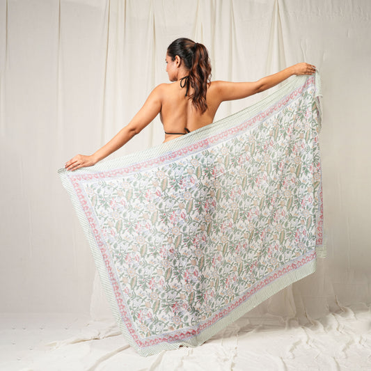 Lightweight Cotton Beach Sarong For Women, Hand Printed Indian Pareo, Boho Style Cover Up Scarf For Summer Swimwear Look