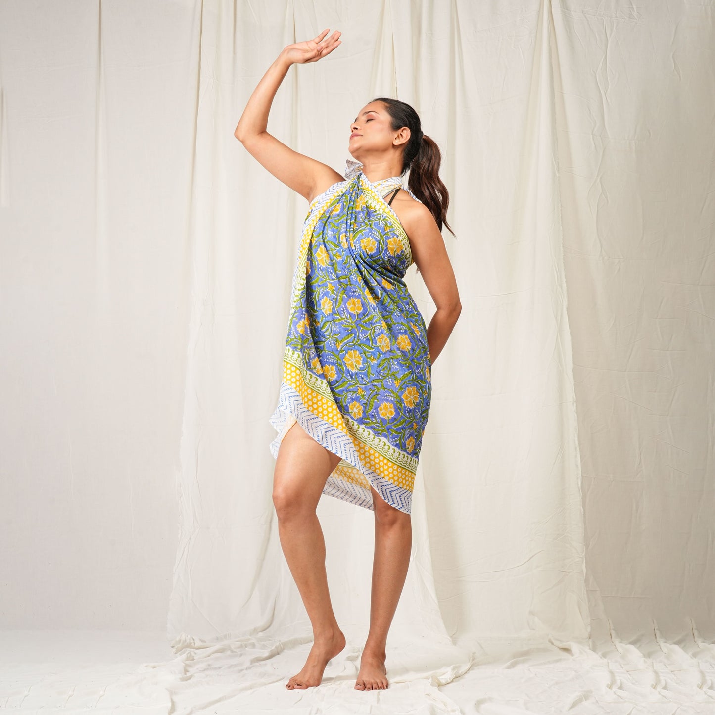 Premium Blue & Yellow Floral Sarong Versatile Summer Essential