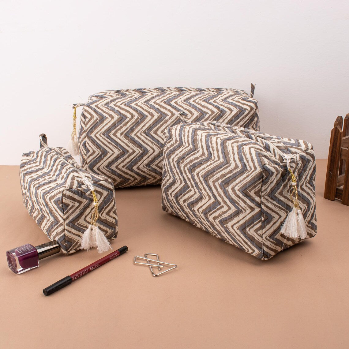 Cosmetic Bag, Assorted Hand Block Printed Toiletry Bag, Waterproof Wash Bag, Makeup Bag, Travel Bag With Pockets, Jumbo Wash Bag - Set of 3