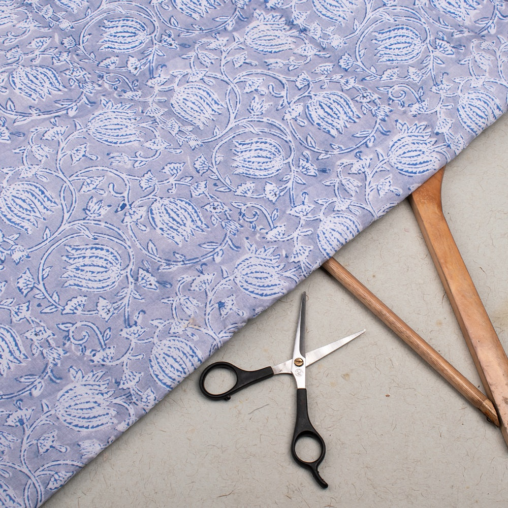 Flower Pattern Lavender Hand Printed Cotton Fabric