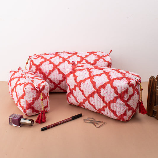 Handmade Aesthetic Pouch, Bridesmaid Gift, Makeup Travel Bag, Handmade Cotton Toiletry Bag, Block Print Makeup Bag, Quilted Wash Bag - Set of 3