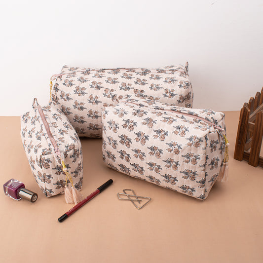 Hand Block Print Toiletry Bag, Quilted Wash Bag, Travel Bag, Quilted Cotton Large Makeup Bag, Small Makeup Bag, Vanity Bag Makeup - Set of 3