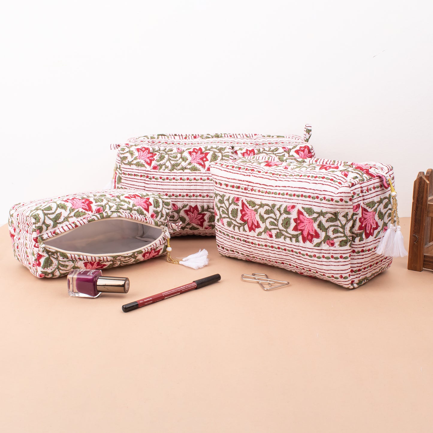 Wrap Skirt And Cosmetic Pouch Set, Makeup Organizer And Sarong Duo, Block Print Beach Pareo, Makeup Bag With Matching Scarf