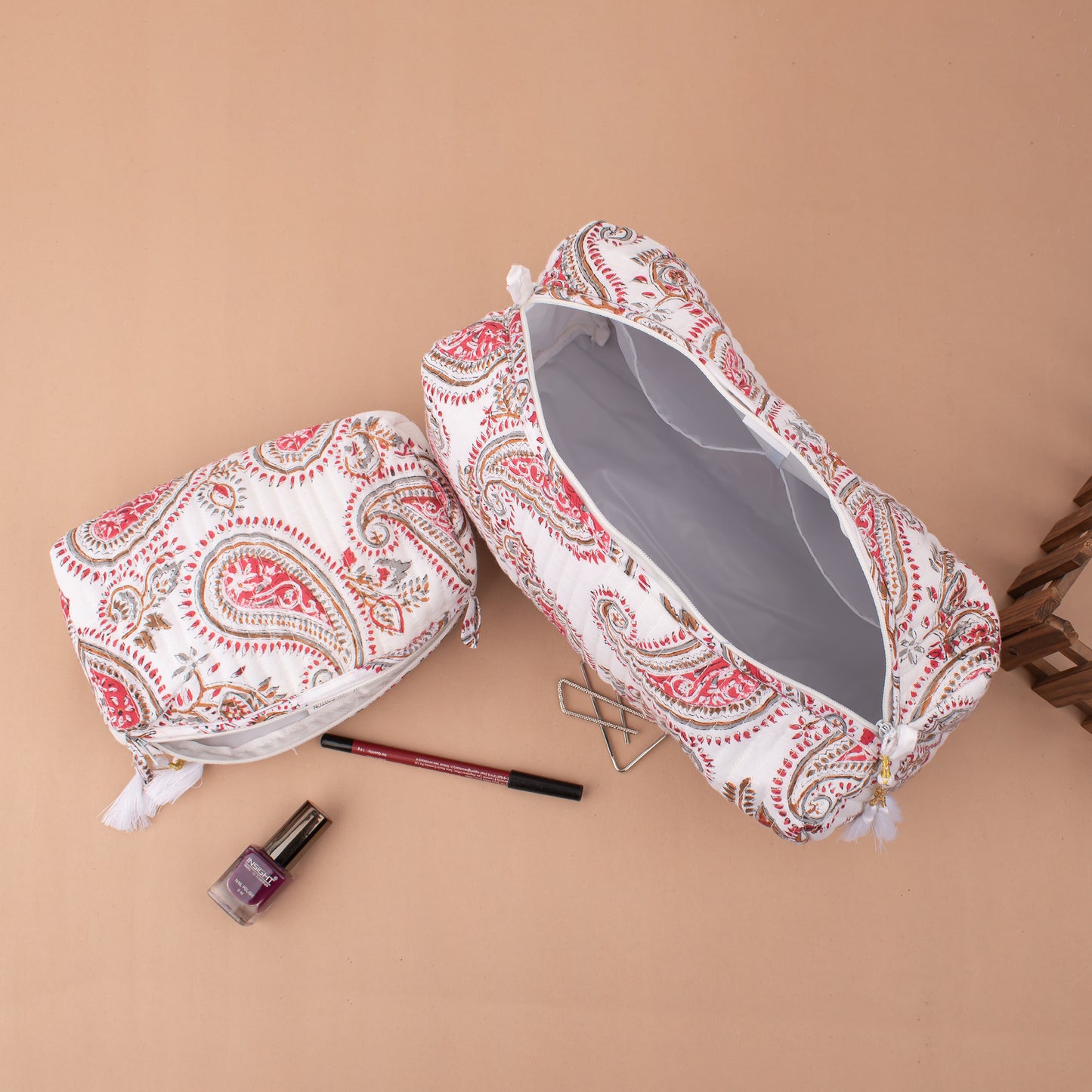 Colorful Makeup Bag And Wrap Set, Beachwear And Makeup Bag Combo, Cotton Pareo And Toiletry Bag Set, Printed Beach Cover Up