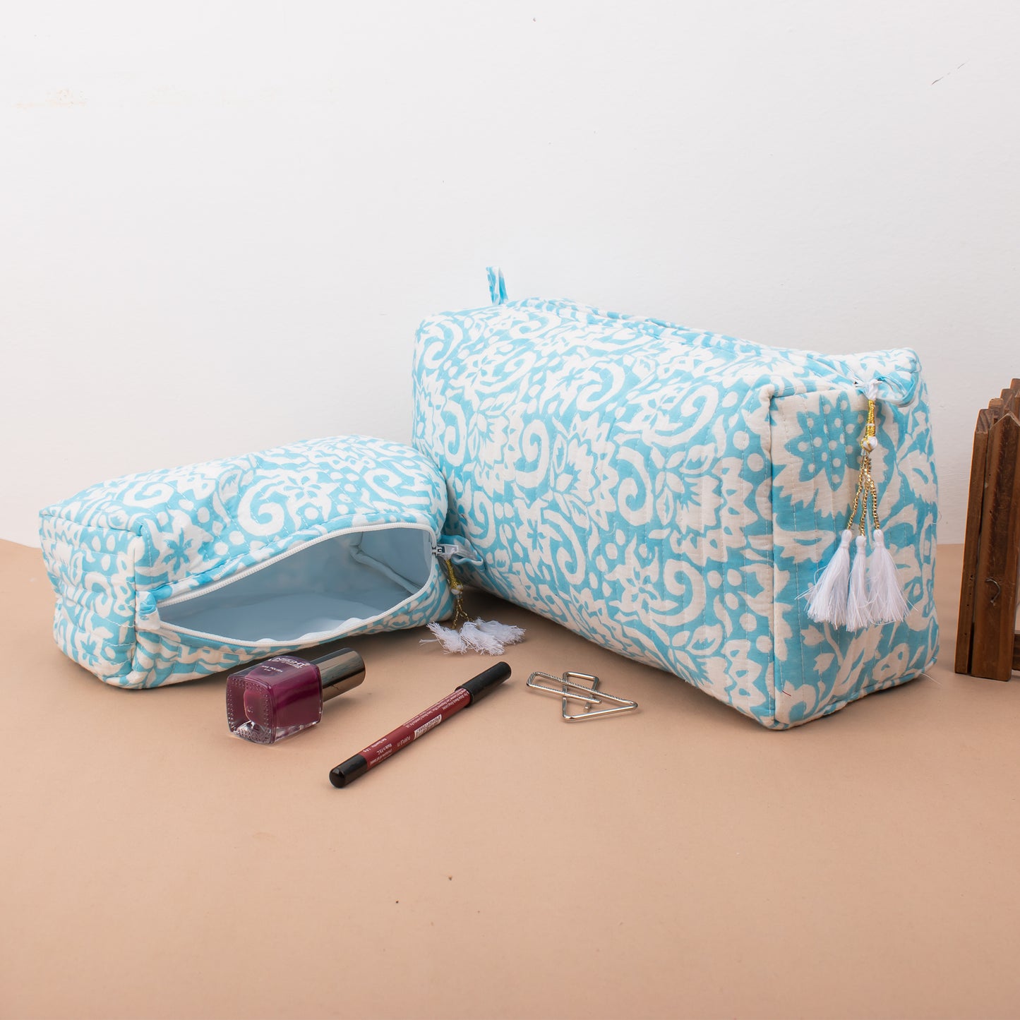 Pareo Wrap And Beauty Bag Set, Block Print Sarong And Makeup Bag Combo, Handmade Cotton Gift, Cotton Sarong And Mini Cosmetic Pouch