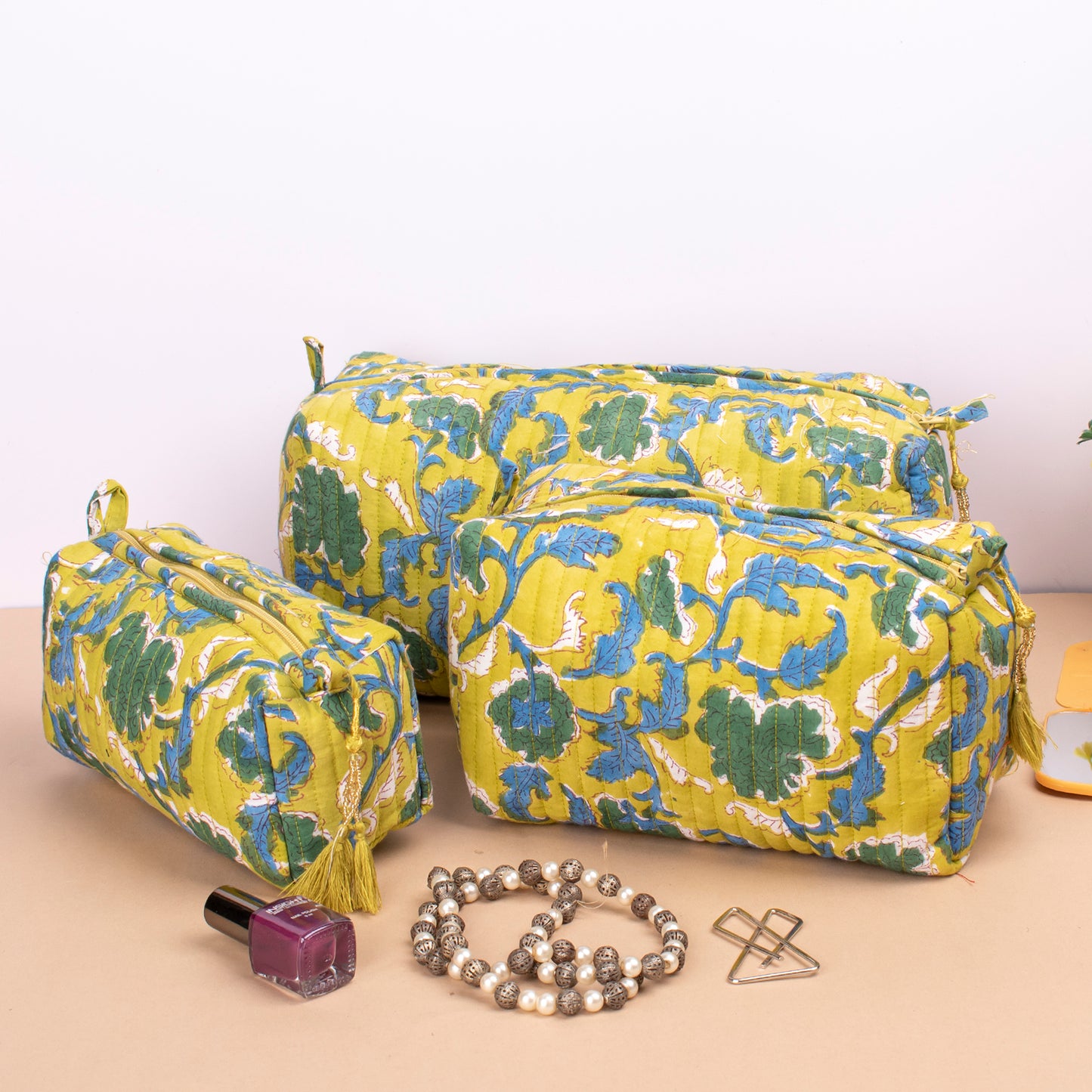 Block Print Makeup Bag, Travel Cosmetic Pouch, Toiletry Bag For Women, Small Wash Bag For Women, Vanity Case, Mini Makeup Bag - Set of 3