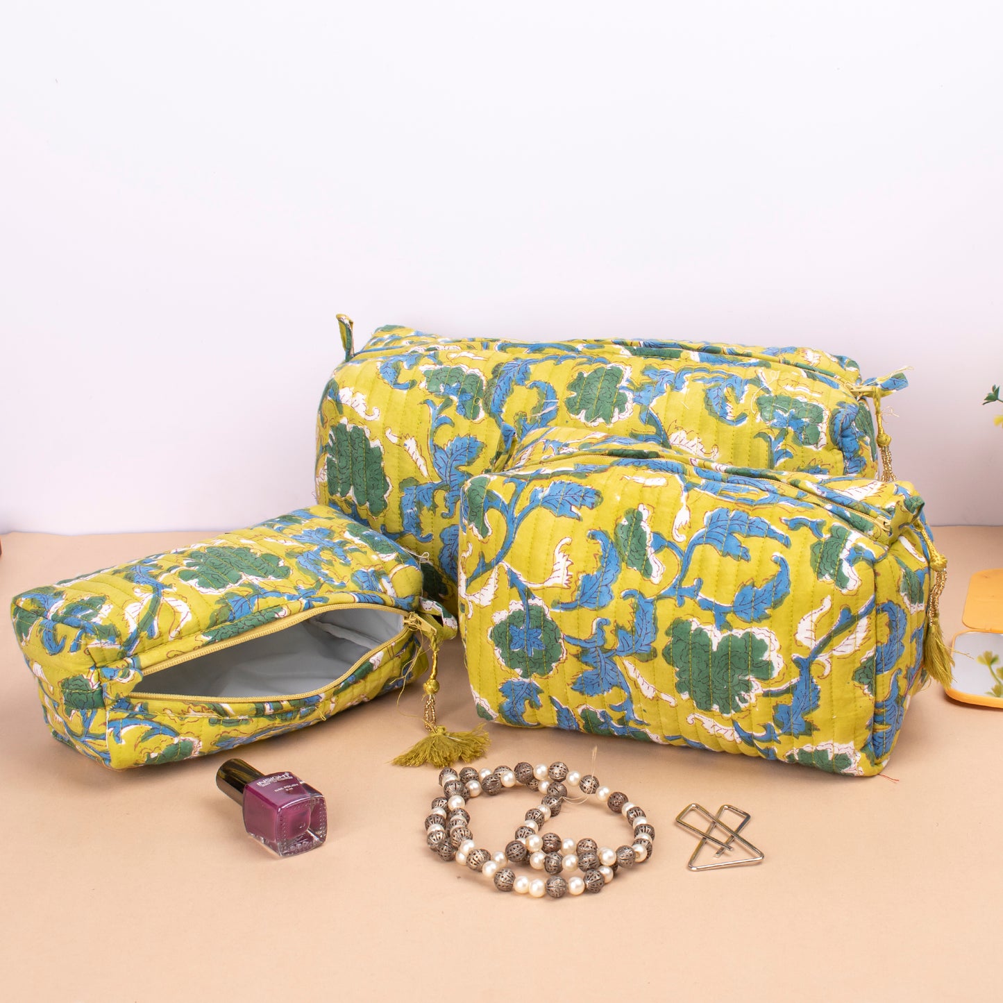 Block Print Makeup Bag, Travel Cosmetic Pouch, Toiletry Bag For Women, Small Wash Bag For Women, Vanity Case, Mini Makeup Bag - Set of 3