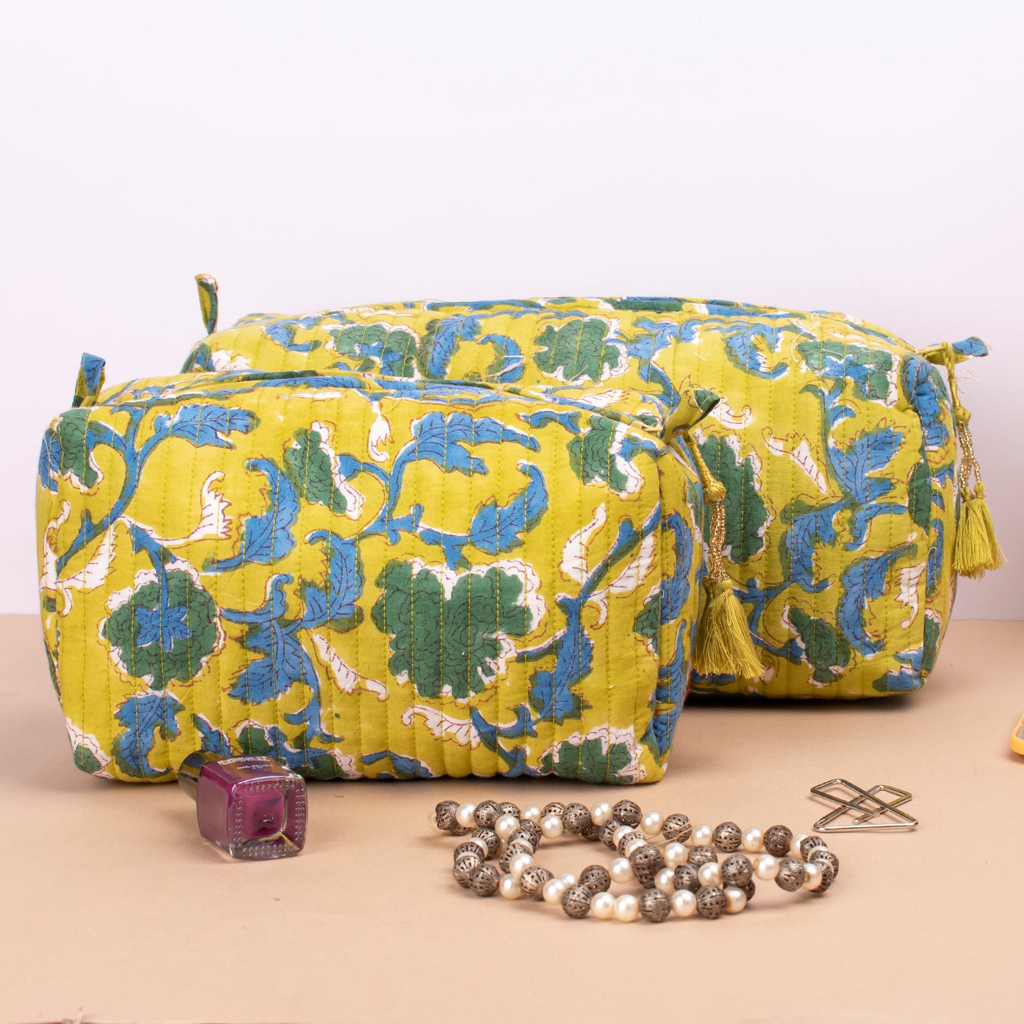 Block Print Makeup Bag, Travel Cosmetic Pouch, Toiletry Bag For Women, Small Wash Bag For Women, Vanity Case, Mini Makeup Bag - Set of 3