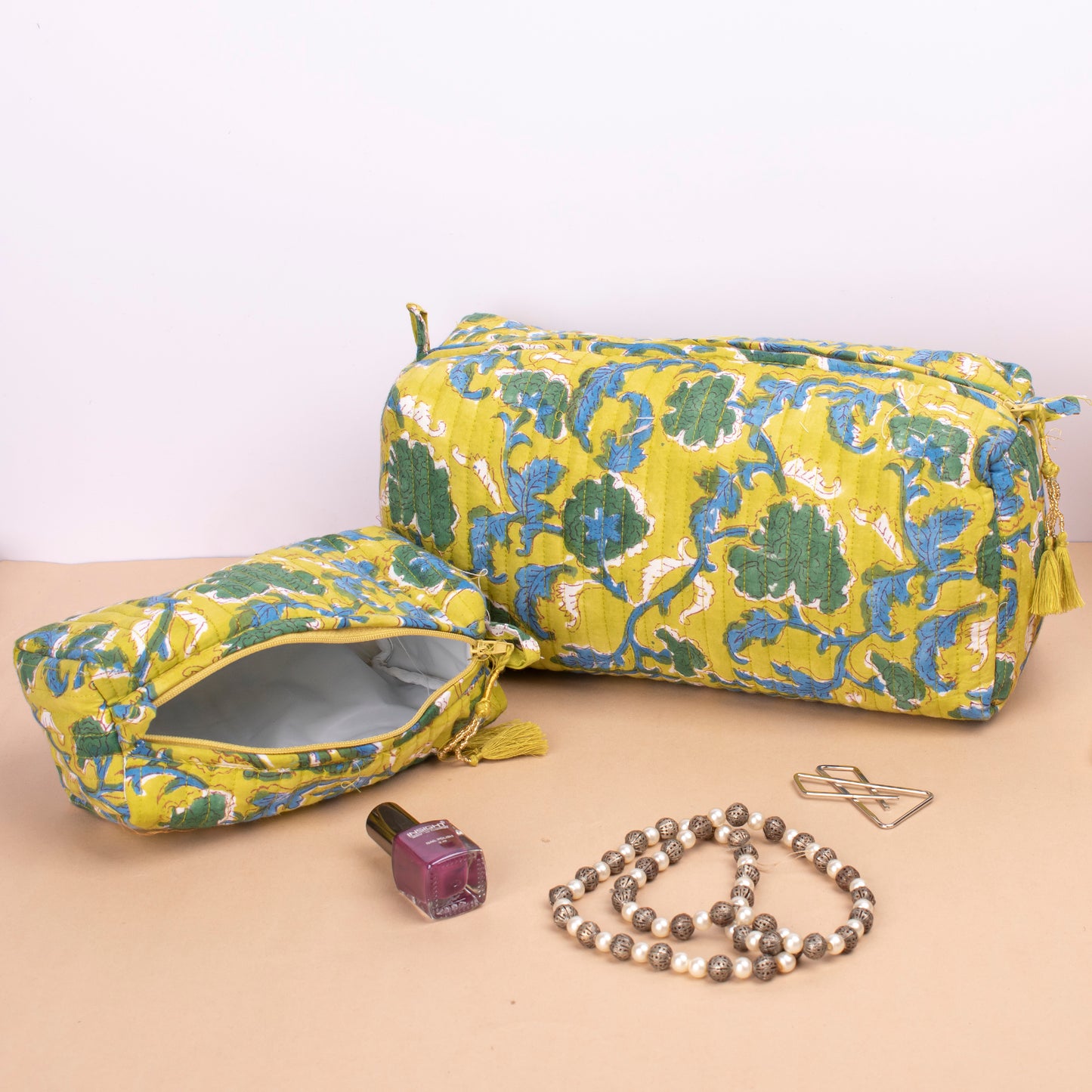 Block Print Makeup Bag, Travel Cosmetic Pouch, Toiletry Bag For Women, Small Wash Bag For Women, Vanity Case, Mini Makeup Bag - Set of 3