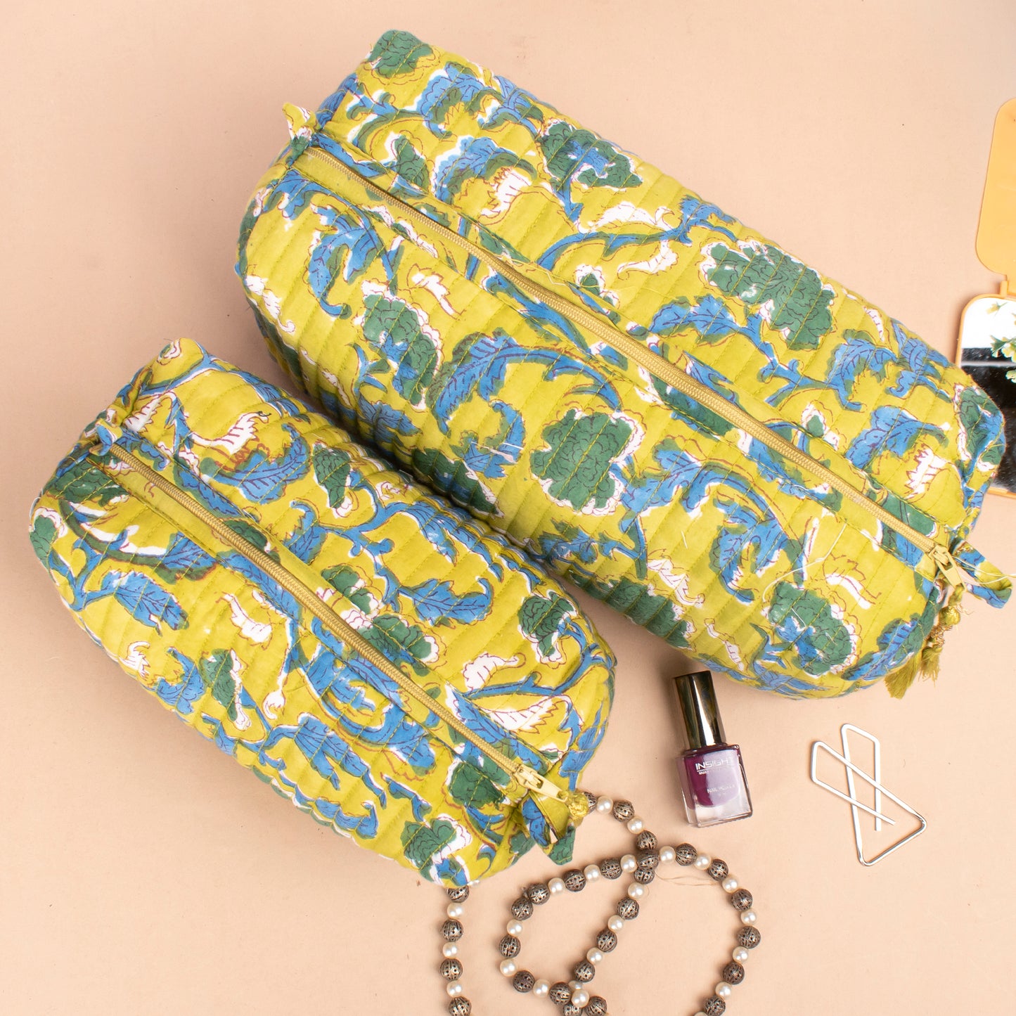 Block Print Makeup Bag, Travel Cosmetic Pouch, Toiletry Bag For Women, Small Wash Bag For Women, Vanity Case, Mini Makeup Bag - Set of 3