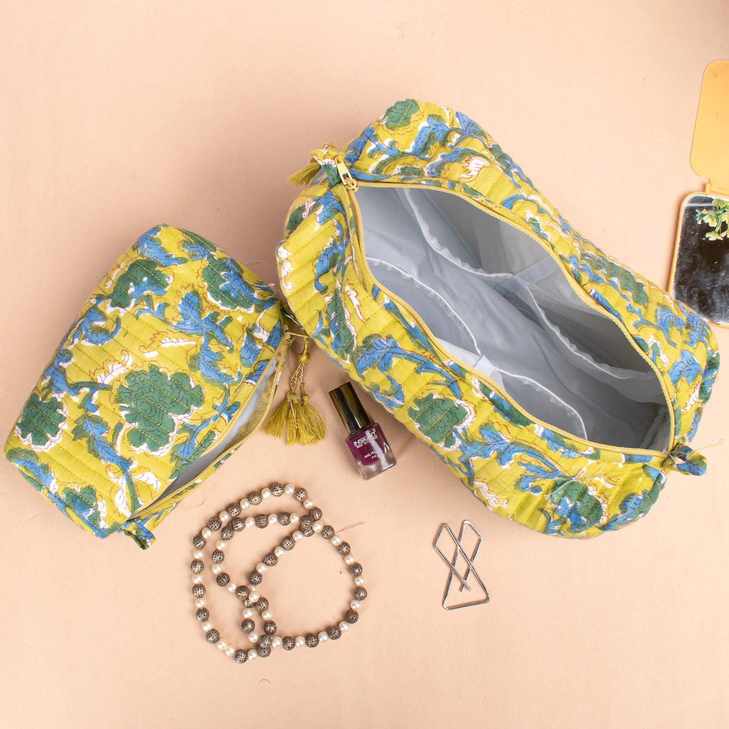 Block Print Makeup Bag, Travel Cosmetic Pouch, Toiletry Bag For Women, Small Wash Bag For Women, Vanity Case, Mini Makeup Bag - Set of 3